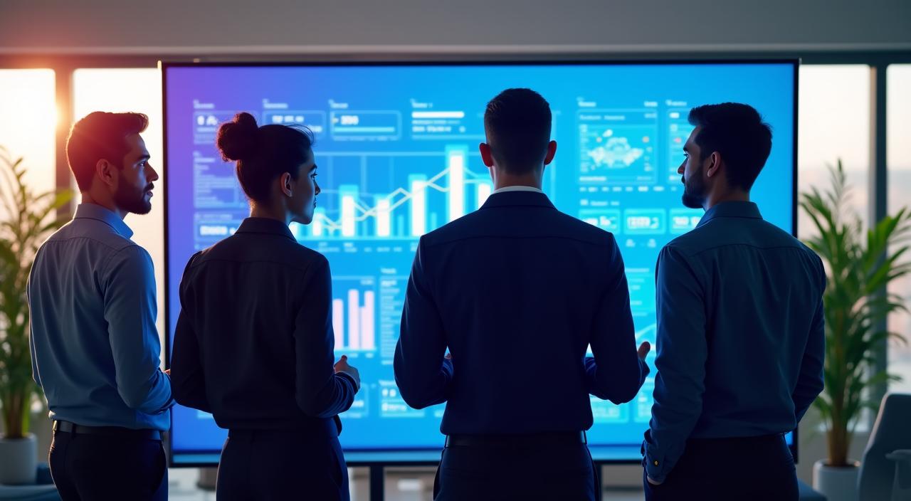 Team analysiert Daten auf einem großen Bildschirm in einem modernen Büro